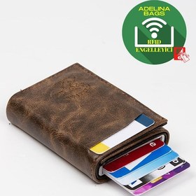 Resim Adelina Bags Unisex Crazy Deri Mekanizmalı Otomatik Kızaklı Kartlık Cüzdan Kahverengi 