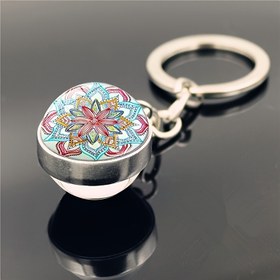 Resim 1 Adet Şık Cam Küresel Anahtarlık ile Mandala Desenli - Açık Renkli Çift Taraflı Sferik Boncuk, çok renklili mandalalar (Pembe, Mavi 