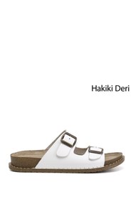 Resim Gönderi(r) Kadın Beyaz Çift Tokalı Hakiki Deri Terlik 