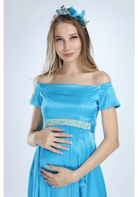 Resim Moda Labio Modalabio Saten Incili Mavi Hamile Elbise 
