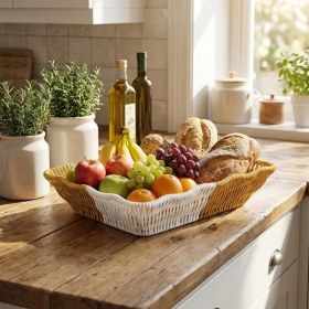 Resim Ozcmax Dikdörtgen Çift Renkli Plastik Rattan Ekmek ve Meyve Sepeti - Çok Amaçlı Banyo ve Mutfak Düzenleyici - Yıkanabillir Tezgâh Üstü Organizer 