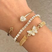 Resim 3 adet Şık Elastik İplik Bileklik Seti, Ayarlanabilir Kalp Tokası, Kelebek Kolye ve File Zincir - Kadınlar için Günlük Giyim, Günlük, Parti ve Date Aksesuarları için Mükemmel, Parti Takıları|Kelebek Kolye Bileklik|Taşlı Süslemeler 