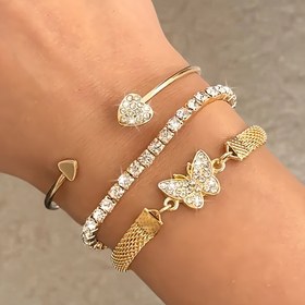 Resim 3 adet Şık Elastik İplik Bileklik Seti, Ayarlanabilir Kalp Tokası, Kelebek Kolye ve File Zincir - Kadınlar için Günlük Giyim, Günlük, Parti ve Date Aksesuarları için Mükemmel, Parti Takıları|Kelebek Kolye Bileklik|Taşlı Süslemeler 