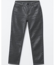 Resim Kadın Yüksek Bel Parlak Mum Kumaş Wide Leg Jean Pantolon Füme 