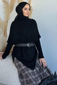Resim Boğazlı Tesettür Triko Panço Siyah TZL-P-00020201 