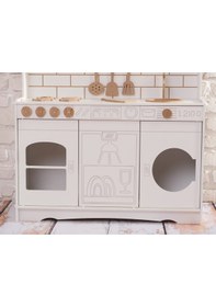 Resim Boyalı Beyaz Ahşap Oyuncak Bulaşık Makine Detaylı Mutfak Tabak Ve Spatula Seti Hediye 