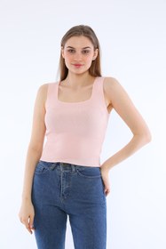 Resim ByElits Kadın Pembe Kolsuz Bluz Kalın Askılı Atlet Ince Yazlık Kare Yaka Triko 