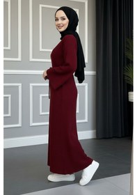 Resim Defymoda Kadın Kırmızı Ribanalı / Fitilli Uzun Tesettürlü Kışlık Elbise - Çan Kol Detaylı Astarlı/örme Kırmızı 