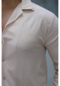 Resim Erkek Kadife Dokulu Uzun Kollu Gömlek Bej 