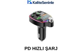Resim Özgürce Bluetooth Araç Kiti, Fm Transmitter, USB Type-C, Mp3, Sd Kart, Flash, Pd, Çakmaklık 