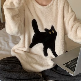 Resim Kadınların Karikatür Kedi Desenli Rahat Polar Kalın Eşofman Takımı, Uzun Kollu Yuvarlak Yaka Üst & Pantolon, Sonbahar & Kış İçin Rahat Rahat Kesim 