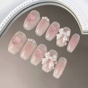 Resim 10 adet Pembe Trapez Press-On Tırnak Seti, Kalp ve Kristal Kurdele Tasarımı, Parlak Bitiş, Kısa Uzunluk, Çıkarılabilir ve Tekrar Kullanılabilir, Günlük Giyim, İş, Okul, Tarihler, Partiler için Jel Yapıştırıcı ve Tırnak Fırçası içerir 