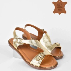 Resim Kadın Hakiki Deri Asimetrik Kesim Kısa Topuklu Yazlık Sandalet - Metalik Gold Altın 