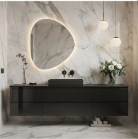 Resim 50x58 Cm Modern Asimetrik Led Li Banyo Aynası Dokunmatik, Dimmerli, 3000k Günışığı Sarı 
