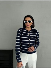 Resim Kadın Gold Düğmeli Çizgili Yumoş Triko Hırka Lacivert 