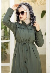 Resim Eflal Tünel Kemerli Gizli Fermuarlı Tesettür Mont 403 - Haki 