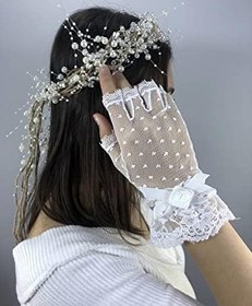 Resim Beyaz Kısa Puantiyeli Eldiven Ve Krem İncili Taç Nikah Takımı 