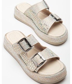 Resim Kadın Dolgu Topuklu Terlik Bej Çift Bantlı Taşlı Tokalı-4076 Bej 