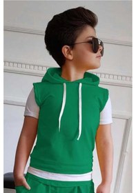 Resim Riccotarz Erkek Çocuk Kapüşonlu Şerit Detaylı Kat Şerit Detaylı Sweatshirt Lastikli Yeşil Eşofman Buz Mavi 