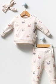 Resim MixMax Bebe Kız Bebek Uzun Kollu Tavşan Desenli Alt Üst Bandana 3'lü Set Takım %100 Pamuklu 