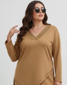 Resim Kadın Büyük Beden Truvakar Kol Asimetrik Kesim Taş Baskı Detaylı Eşofman Takımı 8247-26 - XL / Lacivert 