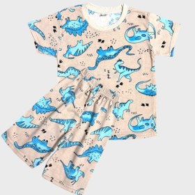 Resim Aliş Kids Erkek Çocuk Pamuklu Bej Rengi Dinozor Desenli Kısa Kollu Şortlu Yazlık Pijama Takımı Bej Mavi 