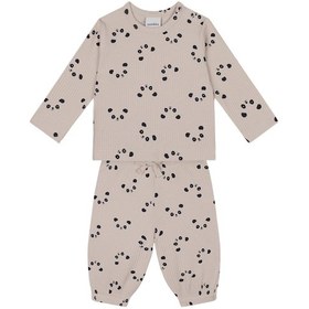 Resim Antebies Bambu, Bej Panda Desenli Beli Lastikli Bağcıklı Uzun Kollu Erkek Kız Bebek Tshirt Pantolon Set Krem 