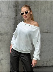 Resim Delikli Kenarlı Omuzları Açık Uzun Kollu Sweatshirt Ekru 