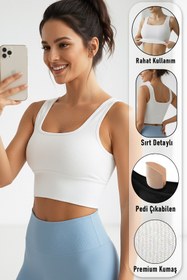 Resim SHİBA Kadın Pamuklu Beyaz Kalın Askılı Crop Pedli Spor Sütyeni Yarım Atlet Bluz Büstiyer 