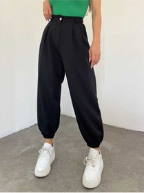 Resim Bella Dossi Kemerli Yüksek Bel Paçası Lastikli Spor Kadın Şalvar Pantolon Siyah 