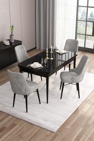 Resim Canisa Are Serisi 80x132 Mdf Açılabilir Siyah Mermer Desen Masa Takımı Ve 4 Gri Sandalye 