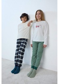 Resim Defacto Kız Çocuk Pijama Takımı Baskılı Uzun Kollu Üst Kareli Uzun Alt F1083a825auer105 Ekru 