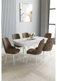 Resim Jusie Beyaz Mermer Desen 80x132 Açılabilir Yemek Odası Takımı 6 Adet Sandalye Kahverengi 