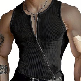 Resim INCERUN Erkekler İnce Fit Fermuarlı Tank Üstü - Düz Renk Kolsuz Egzersiz Yeleği, Ön Fermuarlı, Günlük ve Parti Giyimi, Esnek Kumaş, Siyah, Parti Kıyafeti, Şık Tasarım, Rahat Uygunluk 