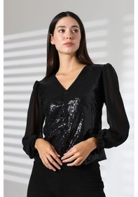 Resim Mois Atelier Siyah Şifon Bilek Büzgülü Balon Kol Payetli Çık Çıt Kapama Yelek Gömlek Tasarım Hediye Büyük Beden Siyah 