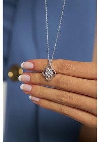 Resim Erdobia Zirkon Taşlı Rodyum One Cleef Yonca Gümüş Kolye 