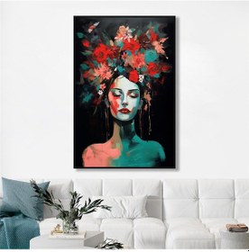 Resim Yağlı Boya Dokulu Tablo Modern Çiçek Saçlı Kadın Siyah Çerçeveli U05012-178964 