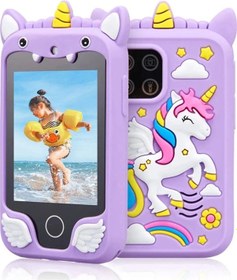 Resim Çocuklar İçin Eğitici Telefon Dokunmatik Ekran Çift Kameralı Fenerli Müzik Çalar Oyun Video Mor 