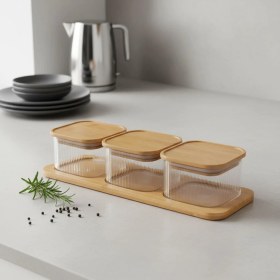 Resim Delixa 3'lü Bambu Kapaklı Cam Kahvaltılık ve Kuruyemişlik, 7 Parça Tepsili Kahvaltı ve Çerezlik Seti, Vakum 