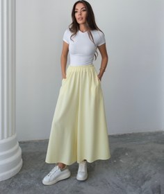 Resim Beli Lastikli Geniş Kesim Kloş Double Krep Pantolon Etek 5187 - Sarı - Sarı / L-XL 