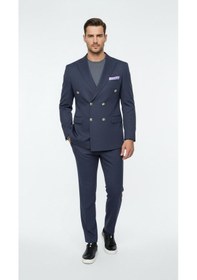 Resim Erkek Kruvaze Gold Düğmeli Dokulu Likralı Kumaş Blazer Ceket Modern Kesim Şık Tasarım Lacivert 