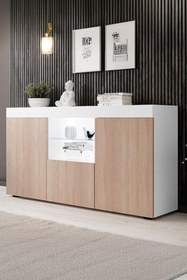 Resim ECM Konsol Led Aydınlatmalı Şık Büfe Cam Raflı Modern Ve Zarif Konsol Beyaz Sonoma Elegant 