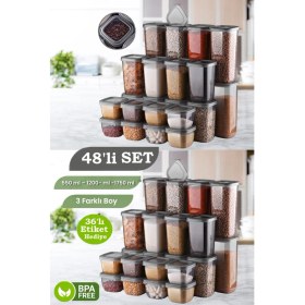 Resim 48'li Mega Çeyiz Seti Etiketli Kare Erzak Saklama Kabı Kahvaltılık Çerezlik Baharatlık Bakliyat Kabı 