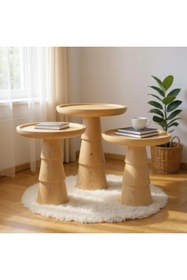 Resim AYLESA Doğal Ahşap 3’lü Set Mantar Yan Sehpa Modern Fiskos Zigon Çiçeklik 