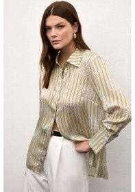 Resim Sateen Geniş Manşetli Gömlek - Sarı-136907 sarı 