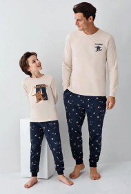 Resim Arnetta Garson Erkek Çocuk Amazing %100 Pamuk 4 Mevsim Baba-oğul Uzun Kollu Pijama Takım Bej 