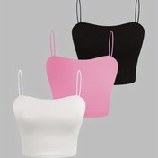Resim 3-Pack Kadın Moda Crop Top Tankları, Zarif Düz Renk Polyester Örgü Kumaş Elastan ile, Yaz Spagetti Askılı Slingback Camisole, %95 Polyester %5 Elastan, 180gsm - Siyah, Pembe, Beyaz 