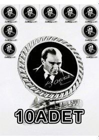Resim Yörük Tasarım 10 Adet Atatürk Gümüş Kaplama / Damla Mineli Yaka Rozeti 