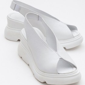 Resim Sam Beyaz Cilt Hakiki Deri Kadın Dolgu Topuk Sandalet Beyaz 