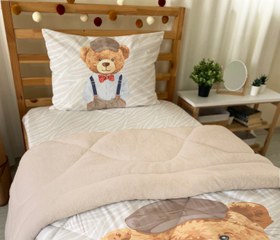 Resim Evmila Ayıcık Desenli Peluş Uyku Seti (Bej Peluş) - 160*220 Cm Peluşlu Uyku Seti 50*70 Cm Yastık Kılıfı 90*190 Cm Çarşaf 